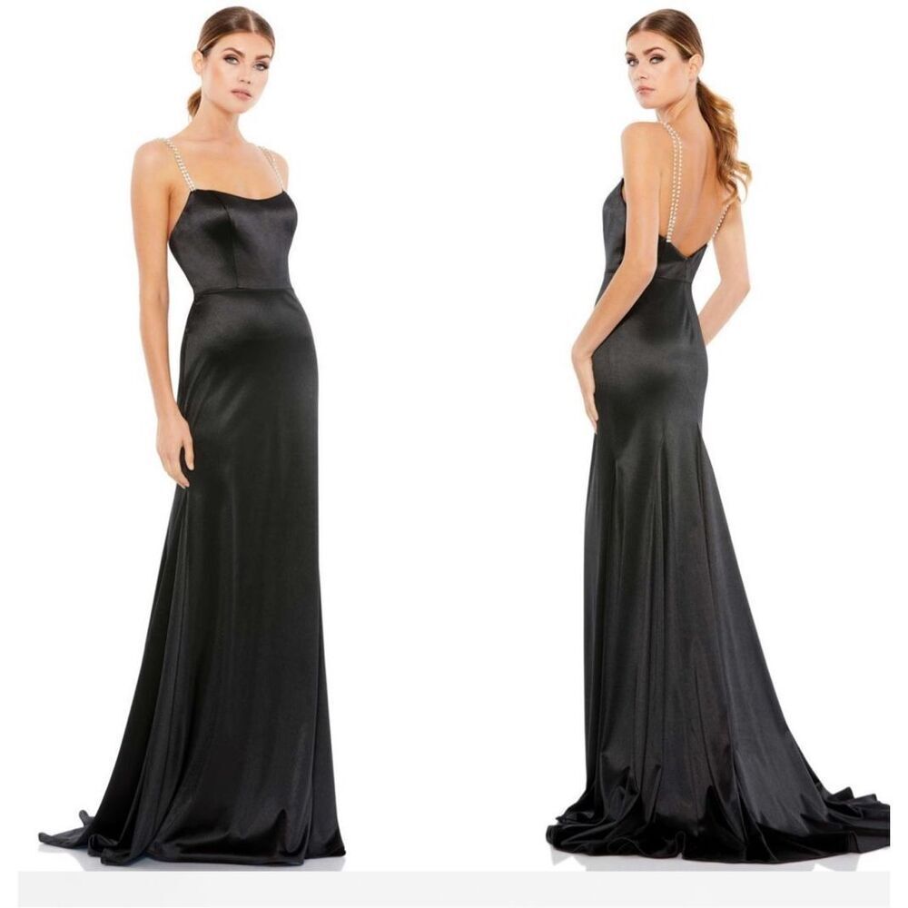 Mac Duggal Black Satin Maxi Gown with Jeweled Straps